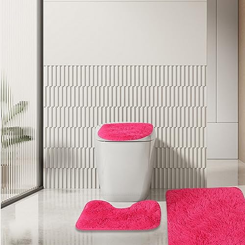 3 StüCk Badteppich Set Badevorleger Set Badteppich+Konturmatte+Toilettensitzabdeckung Superweiche Mikrofaser Wasserabsorbierend Rutschfest Badematten Set PlüSch Badteppich Maschinenwaschbar (Rosa) von routinfly