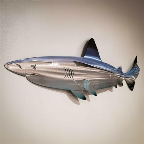 Edelstahl-Haifisch-Kunst-Dekoration, 25cm Metall-Hai-Wandkunst-Skulptur, Wandbehang Ornament für Schlafzimmer, Wohnzimmer, Bauernhaus, Hauswanddekoration Handgefertigt Shark Wanddekoration (B:50cm) von routinfly