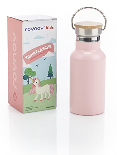 roynoy | Edelstahl Trinkflasche Kinder | Kohlensäure geeignet | auslaufsicher | BPA frei | Spülmaschinen geeignet | mit Drehverschluss | 350 ml (rosa/pink) von roynoy