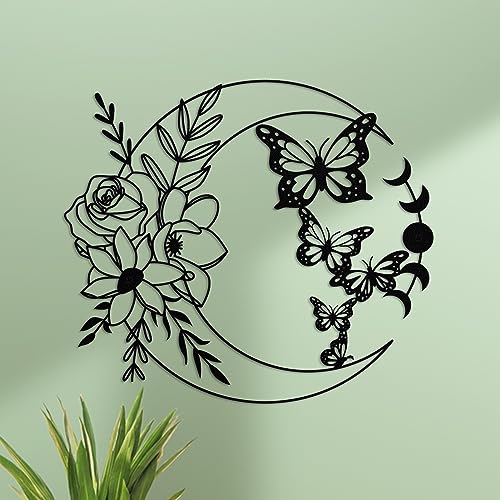 Metall Schmetterling Wanddekorationen Mond Blumen Aufhängen Boho Wandkunst Metall Schmetterling Wanddekos Wandbehang für Wohnzimmer Schlafzimmer Badezimmer Innen Außen von ruelen