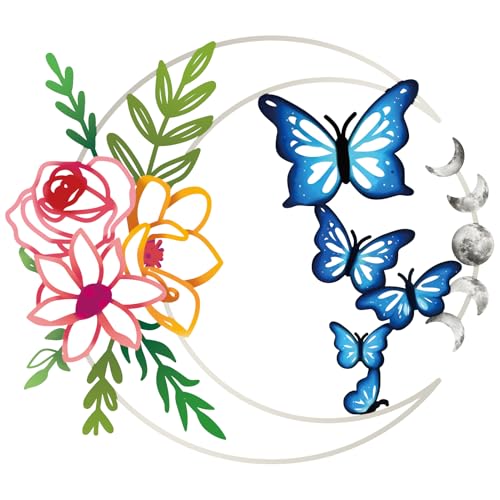 ruelen Metall Mond Wandkunst bunte florale Schmetterling Wandkunst für den Innenbereich Wohnzimmer Schlafzimmer Badezimmer Garten Garten Zaun Bauernhaus Dekoration (bunt) von ruelen