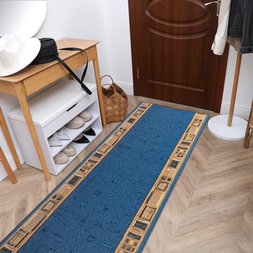 Modernen Preiswert Antirutsch Läufer JENA blau, Anti Rutsch Teppich rutschfest Brücke Meterware Rahmen für Küche Wohnzimmer, dauerhaft, 67x340 cm von rugsx