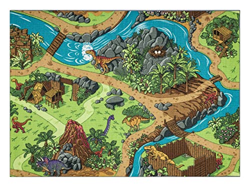 Rebel Roads Teppich Dino World 29 Dinosaurier, rutschfest für Kinder - grau/grün 95x133 cm von rugsx