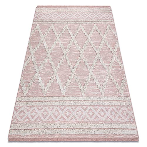 Teppich ÖKO SISAL Boho MOROC mit Fransen, Innen & Außen Hochwertiges für Schlafzimmer, Terrasse, Balkon - Zwei Ebenen aus Vlies rosa/Creme, recycelter Teppich 78x150 cm von rugsx