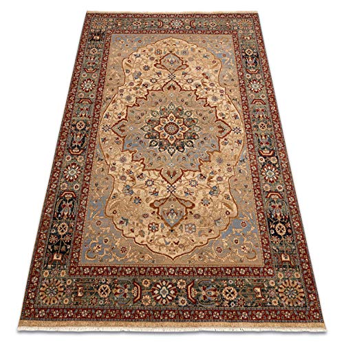 Teppich Wolle KESHAN Franse, orientalisch klassisch, traditionelle Teppiche, für das Schlafzimmer, Wohnzimmer, hohe Qualität beige/dunkelblau 160x230 cm von rugsx