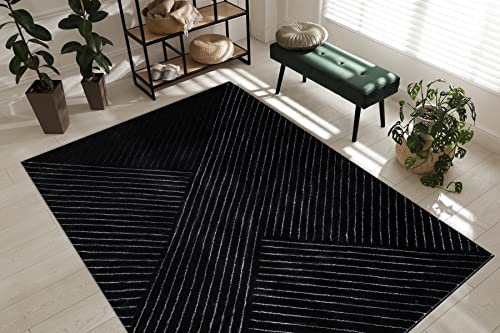 rugsx Exklusiv Emerald Teppich Glamour – Stilvoll, Geometrisches Linien Design Schwarz/Silber 160x220 cm Modern Teppich für Wohnzimmer von rugsx