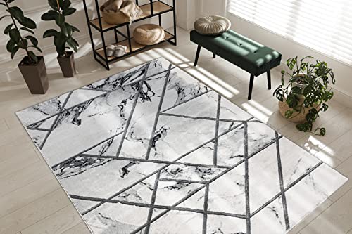 rugsx Exklusiv Emerald Teppich Glamour – Stilvoll, Marmor-Design, Geometrisch Weiß/Silber 80x150 cm Modern Teppich für Wohnzimmer von rugsx