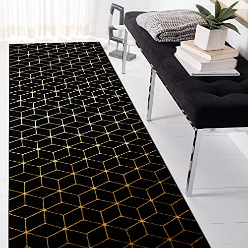 rugsx Modern Gloss Teppich Läufer, stivoll Würfel, Glamour, Art Deco schwarz/Gold 80x300 cm von rugsx