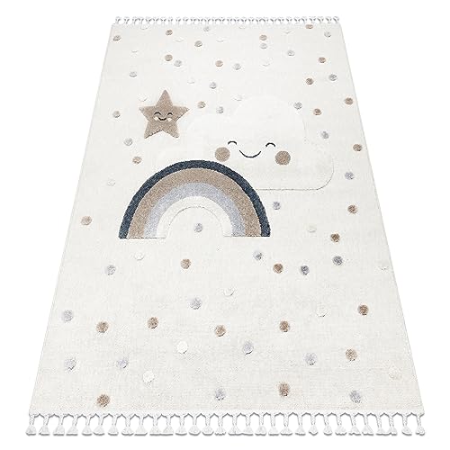 rugsx Teppich für Kinder YOYO EY78 Wolke, Regenbogen, Punkte, strukturell, sensorische, Fransen, weiß/beige 120x170 cm von rugsx