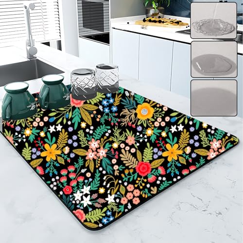 Ruhuayoupin Abtropfmatte, faltbare Küchenmatte, saugfähig, Mehrzweck-Abtropfmatte für Küchentheke, leicht zu reinigen, 40,6 x 45,7 cm (sechs Blumen) von ruhuayoupin