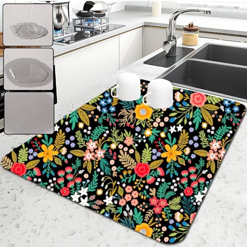 Ruhuayoupin Abtropfmatte, faltbare Küchenmatte, saugfähig, Mehrzweck-Abtropfmatte für Küchentheke, leicht zu reinigen, 40,6 x 50,8 cm (Zero Flower) von ruhuayoupin