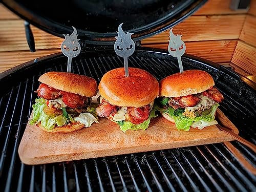 Aganjok 6 Stück Edelstahl Burger Spieße 18cm Metallspieße Servierspieße Flamme Burgerspiess Grillspiesse Made in Germany von rukauf