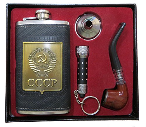 Flachmann Set Wappen der UdSSR 180ml. CCCP/Edelstahl mit Fülltrichter, Pfeife, LED Lampe von rukauf