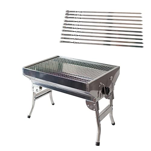 Mangal Angler, rostfrei mit Klappbeinen + 10 Spiesse/Edelstahl, Holzkohlegrill, Portable, Kompakt, BBQ von rukauf