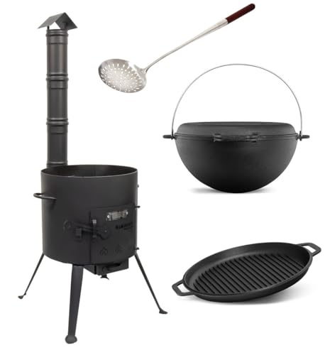 SET Kukmara Uchag Utschak mit Abzugs-Rohr 40cm mit BRIZOLL 15 Liter Kasan Kazan aus Gusseisen + GRILL Pfannendeckel Feldküche Gulaschkessel FeuerOfen Outdoor dutch oven Uchak + Schaumlöffel von rukauf