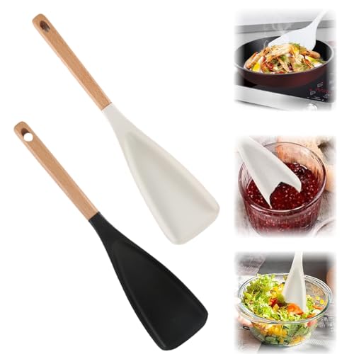 2Pcs Multifunktionslöffel - Kochlöffel Silikon, Silikon küchenhelfer Kochlöffel Set mit Holzgriff, 2 in 1 Hitzebeständige Küchenutensilien Spatel für Antihaft Kochgeschirr (Schwarz+Weiß) von runpeak