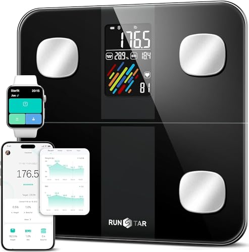 RunSTAR Körperfettwaage Digitale, Personenwaage mit hoher Genauigkeit großem Display für BMI, Herzfrequenz und Analyse von 15 Körperwerte, synchronisierbar mit Fitness-App, Tragfähigkeit bis zu 180kg von runstar