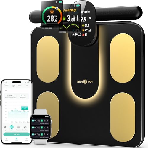 RunSTAR Körperfettwaage, Digitale Personenwaage mit 8 Elektroden für Körpergewicht und Körperfett, BMI, Muskelmasse und Analyse von 28 Körperparametern, mit Vollfarb-TFT-LCD am einziehbaren Griff RunSTAR Körperfettwaage, Digitale Personenwaage mit 8 Elektroden für Körpergewicht und Körperfett, BMI, Muskelmasse und Analyse von 28 Körperparametern, mit Vollfarb-TFT-LCD am einziehbaren Griff von runstar