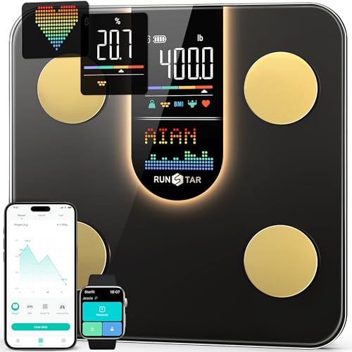 RunSTAR Körperfettwaage, Digitale Personenwaage mit 8-in-1-VA-Display für Körpergewicht, Herzfrequenz, BMI, Körperfett und Analyse von 22 Körperparametern, mit App-Synchronisierung von runstar