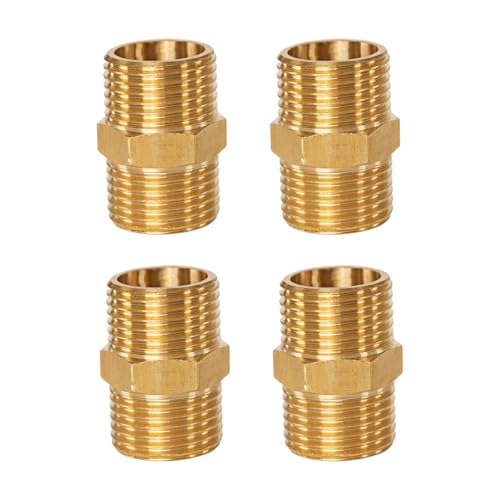 4 STK Doppelnippel 1/2 Zoll Messing Außengewinde(Ø 19mm), 1/2 Zoll Doppelnippel mit Sechskant, Verbindungsstück Verbinder AG Messing Gewindefittings für Heizung Trinkwasseranlage geeignet Sanitär von runxsam