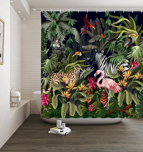 rustone Regenwald Tier Duschvorhang Tropischer Dschungel Wald Leopard Flamingo Zebra Papagei AFFE Tukan Palmblatt Grün Pflanze Wildtiere Zoo Safari Badezimmer Dekor Stoffvorhänge mit Haken von rustone