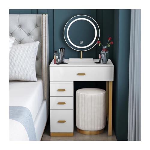 Schminktisch Weiß Samt Finish mit beleuchtetem Spiegel und 4 Schubladen Schminktisch für Schlafzimmer mit gepolstertem Hocker Kosmetiktisch Schminktisch Weiß Samt Finish mit beleuchtetem Spiegel und 4 Schubladen Schminktisch für Schlafzimmer mit gepolstertem Hocker Kosmetiktisch von ruyi-1986