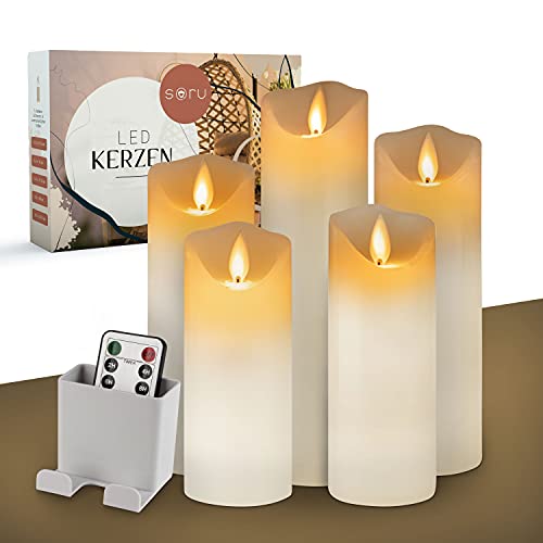 Saru | Premium LED Kerzen Mit Timerfunktion – 5 Kerzen Mit Fernbedienung & 2 Lichtmodi – Flackernde Flamme – Echtwachs Design von s@ru