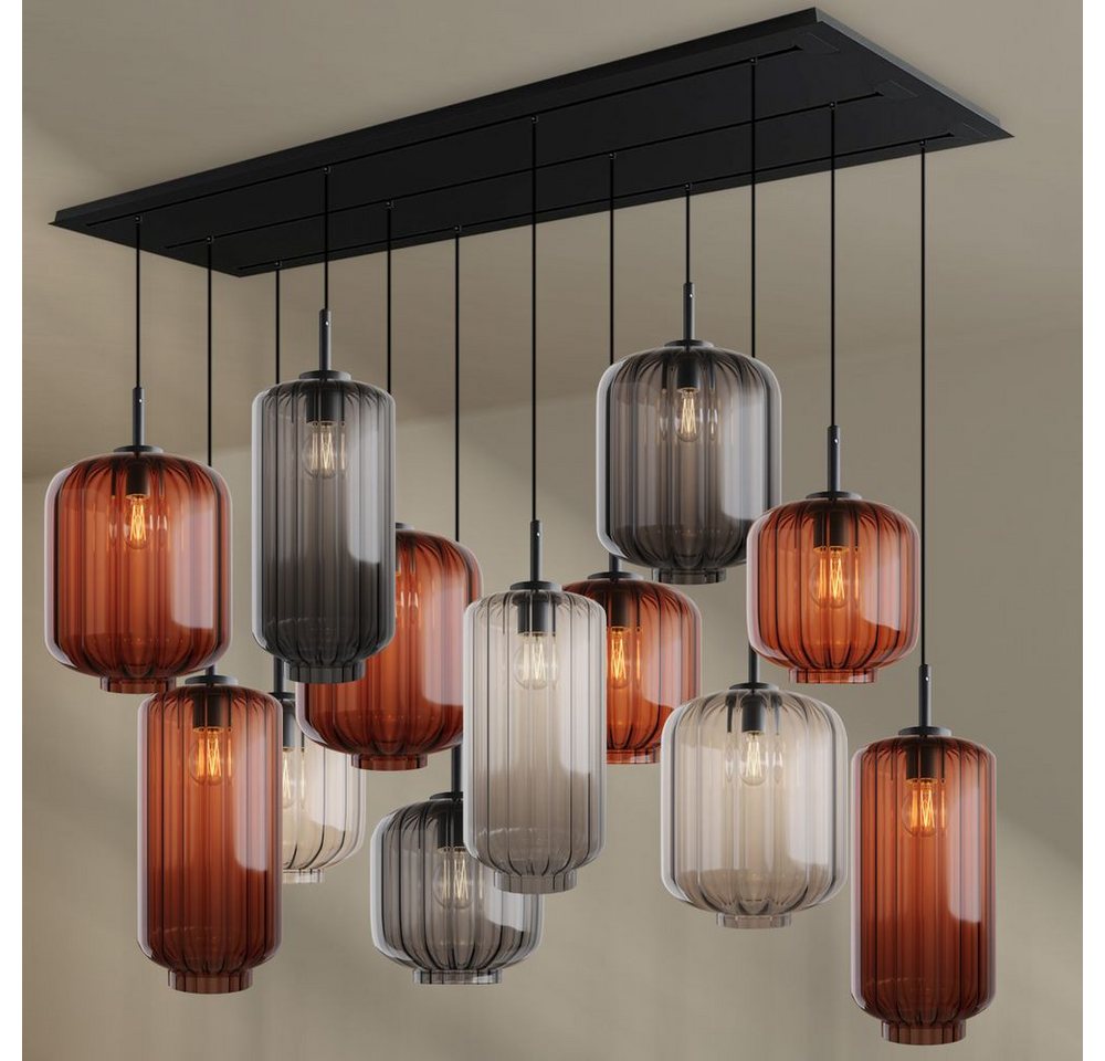 s.luce Pendelleuchte Velo Esszimmerlampe 12-flg 200cm 3-reih Ø18/20/25cm Braun,Klar,Rauch von s.luce
