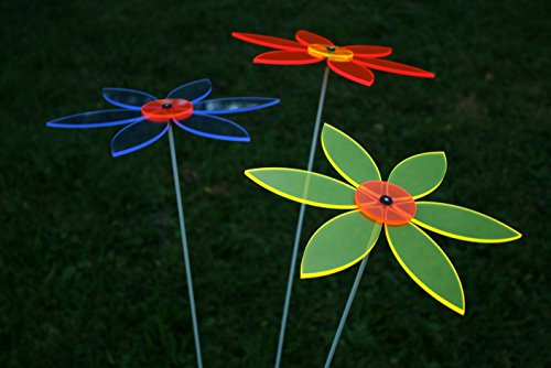 sabro-design Sonnenfänger 3er Set Nr.1 Ø22cm Blume Sonnenscheibe Gartenstecker (blau-zitronengelb-rot) von sabro-design