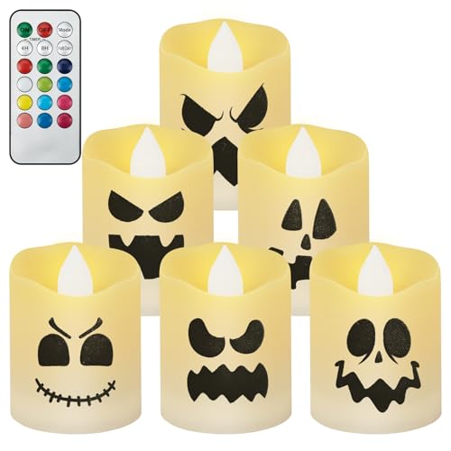 6 Stück Led Kerzen Halloween, Led Kerzen Flackernde Flamme LED Halloween Kerzen mit Timerfunktion & Lichts, Batteriekerzen LED Geister Kerzen für Halloween Deko Party Weihnachten, 3.6x4.8 cm von sacemontic