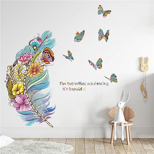 SACINORA Wunderschöne bunte Feder-Blume und Schmetterling, Wandtattoo, DIY, florale Kunst, Wandaufkleber, abnehmbar, selbstklebendes Vinyl, Wandbild für Wohnzimmer, Schlafzimmer, Badezimmer, Küche, von sacinora