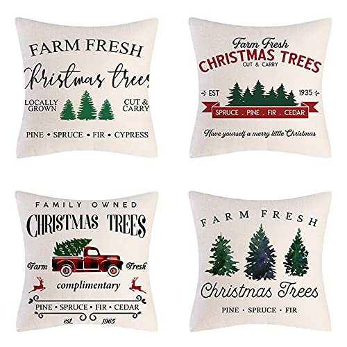 sadfd 4 Stück Set Deko Kissenbezüge, 45x45 c, Weihnachts Dekoration Kissenbezug, Christmas Trees-Farm Fresh-Christmas Land-Farmhouse-Old Fashioned Dekoration Kissen Sofa Leinen Kissenbezug von sadfd