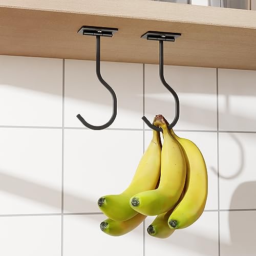 saffruff 2er-Pack selbstklebende Bananenhaken, zusammenklappbar mit Magneten bei Nichtgebrauch, Bananenaufhänger aus Metall, Haken unter dem Schrank für Bananen oder andere Küchenutensilien von saffruff