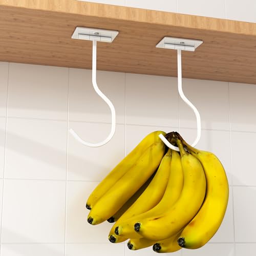 saffruff 2er-Pack selbstklebende Bananenhaken, zusammenklappbar mit Magneten bei Nichtgebrauch, Bananenaufhänger aus Metall, Haken unter dem Schrank für Bananen oder andere Küchenutensilien-Weiß von saffruff