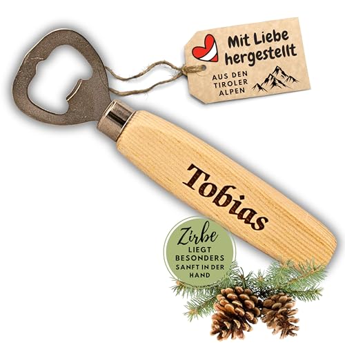 Flaschenöffner aus Zirben Holz (Wunschnamen) von sagl.tirol