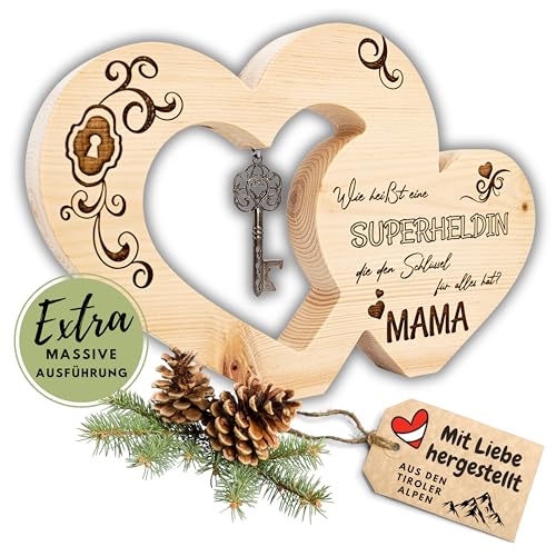 sagl.tirol® Zirbenholz Herz mit Schlüssel - 100% ZIRBE - Geschenke für Mama, Muttertag, Mama Geschenk, Geburtstagsgeschenk für Mama, Muttertagsgeschenk, Muttertagsgeschenke für Mama, Superheldin Mama von sagl.tirol