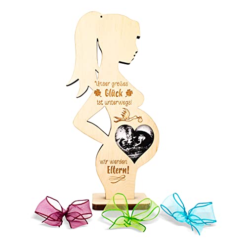 sagl.tirol Geschenke für schwangere aus Zirbenholz mit Spruch [100% Bio] inkl.3 Schleifen I Geschenk schwangere babyparty (unser großes Glück) von sagl.tirol