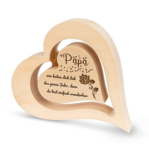 sagl.tirol Herz aus Zirbenholz mit schwebendem innen Herz und Rosen Gravur[100% Naturprodukt] Vatertag I Papa Geschenk aus Zirbe I Geschenke für Papa I Geschenk für Papa I Papa wir haben Dich lieb von sagl.tirol