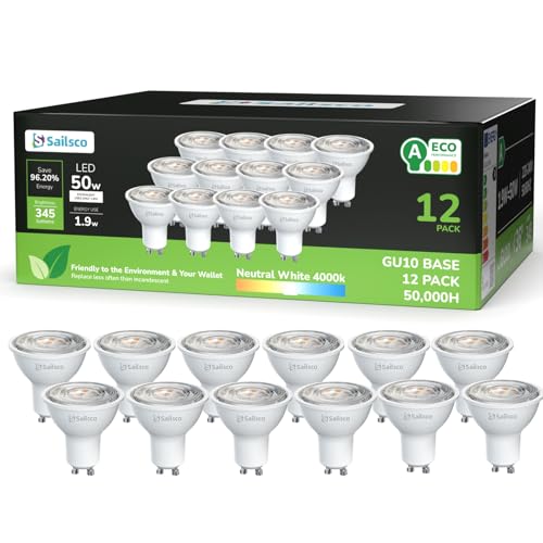 sailsco Energieklasse A GU10 LED Neutralweiss Lampe,1.9W 345LM 4000K Neutralweiß GU 10 Spot Energiesparlampe,50W Glühbirne Ersetzt,36 Grad Abstrahlwinkel G10 Leuchtmittel,Nicht Dimmbar Birne,12 Stück von sailsco