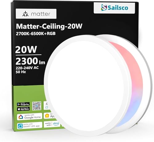 sailsco Deckenlampe LED 20W,LED Deckenleuchte Dimmbar & RGBWW Nachtlicht,Smart Deckenleuchte Kompatibel mit Matter/HomeKit/Alexa/Google Home,2300lm,für Schlafzimmer Flur Balkon Küche (Ø29cm) von sailsco