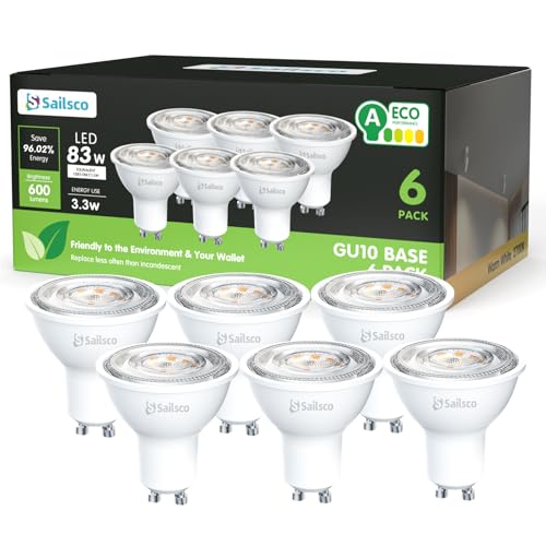 sailsco Energieklasse A GU10 LED Warmweiss Lampe,3.3W 600LM 2700K Warmweiß GU 10 Spot Energiesparlampe,83W Glühbirne Ersetzt,36 Grad Abstrahlwinkel G10 Leuchtmittel,Nicht Dimmbar LED Birne,6 Stück von sailsco