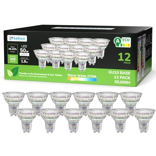 sailsco Energieklasse A GU10 LED Warmweiss Lampe,1.9W 345LM 2700K Warmweiß GU 10 Spot Energiesparlampe, 50W Glühbirne Ersetzt,36 Grad Abstrahlwinkel G10 Leuchtmittel,Nicht Dimmbar Birne,Glas,12 Stück von sailsco
