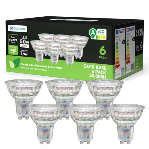 sailsco Energieklasse A GU10 LED Warmweiss Lampe,1.9W 345LM 2700K Warmweiß GU 10 Spot Energiesparlampe, 50W Glühbirne Ersetzt,36 Grad Abstrahlwinkel G10 Leuchtmittel,Nicht Dimmbar Birne,Glas,6 Stück von sailsco