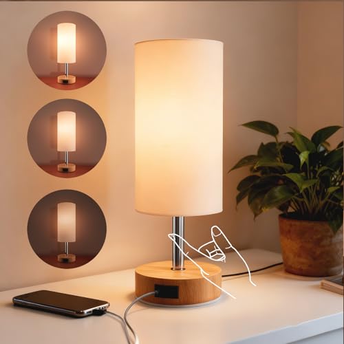 sailsco Nachttischlampe Touch Dimmbar,Tischlampe mit USB A+C Ladeanschlüssen, Weißer Stofflampenschirm,Holzsockel,Kleine Lampe für Schlafzimmer Wohnzimmer (LED-Birne Nicht Enthalten) von sailsco