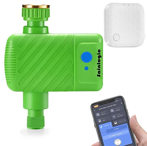 sainlogic Bewässerungscomputer WLAN, Bewässerungssystem mit Zusätzlichem 2.4 GHz WiFi Smart Hub, App Fernzugriff, Automatische Bewässerung, IP66 Wasserdicht, Wassermengenzähler, für Garten (Hellgrün) von sainlogic