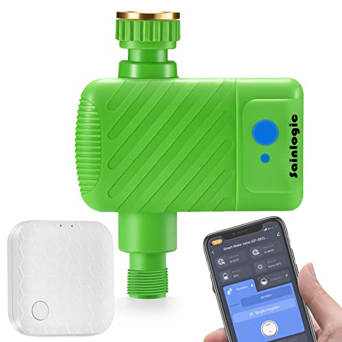 Sainlogic Bewässerungscomputer WLAN, Bewässerungssystem mit Zusätzlichem 2.4 GHz WiFi Smart Hub, App Fernzugriff, Automatische Bewässerung, IP66 Wasserdicht, Wassermengenzähler, für Garten/Rase (Grün) von sainlogic