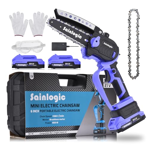 Sainlogic Mini Kettensäge 6 Zoll Akku, Kettensäge Elektro mit 2 * 2000mAh Akku, Leichte Akku Kettensäge mit Sicherheitsschloss, Handkettensäge für Gartenscheren Holzschneiden (Violett) von sainlogic