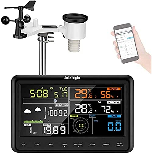 Sainlogic Professional Wireless Wetterstation mit Solarbetriebenem Außensensor, Regenmesser, Wettervorhersage, Windmesser, Farbbildschirm,Wundergroun Schwarzd von sainlogic