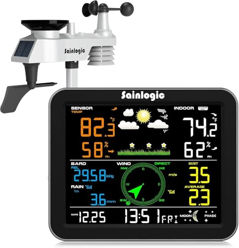 Sainlogic Wetterstation Wireless Indoor Outdoor, Wetterstation mit Regenmesser und Windgeschwindigkeit/Richtung, Temperatur, Luftfeuchtigkeit, Luftdruck, Wettervorhersage, Mondphase, und Alarm von sainlogic