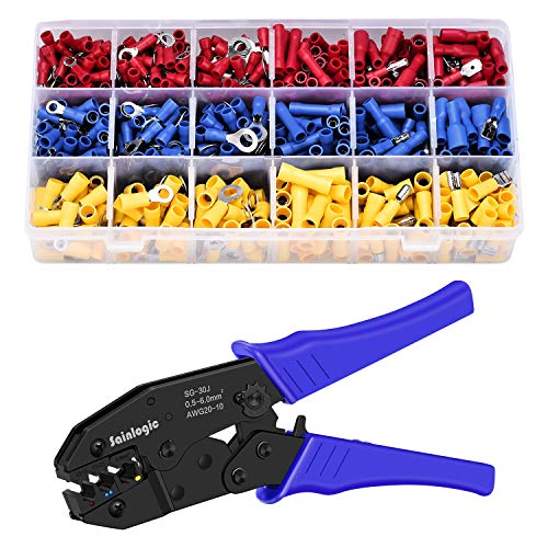 Sainlogic Crimpzange Kabelschuh Set, Grimpzange mit 700 Stück Kabelschuh Set, Elektrische Steckverbinder Quetschverbinder Sortiment für 0,5-6 mm² Isolierte Kabelschuhe, Krimpzange von sainlogic